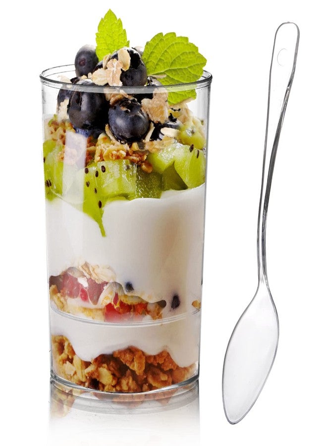 Okllen 100 Pack Mini Dessert Cups with Spoons, 3 Oz Round Shot Cups Plastic Dessert Shooters, Appetizer Parfait Cups Shot Glasses for Chocolate Desserts, Ice Cream, Puddings, Tasting Party - Image 1