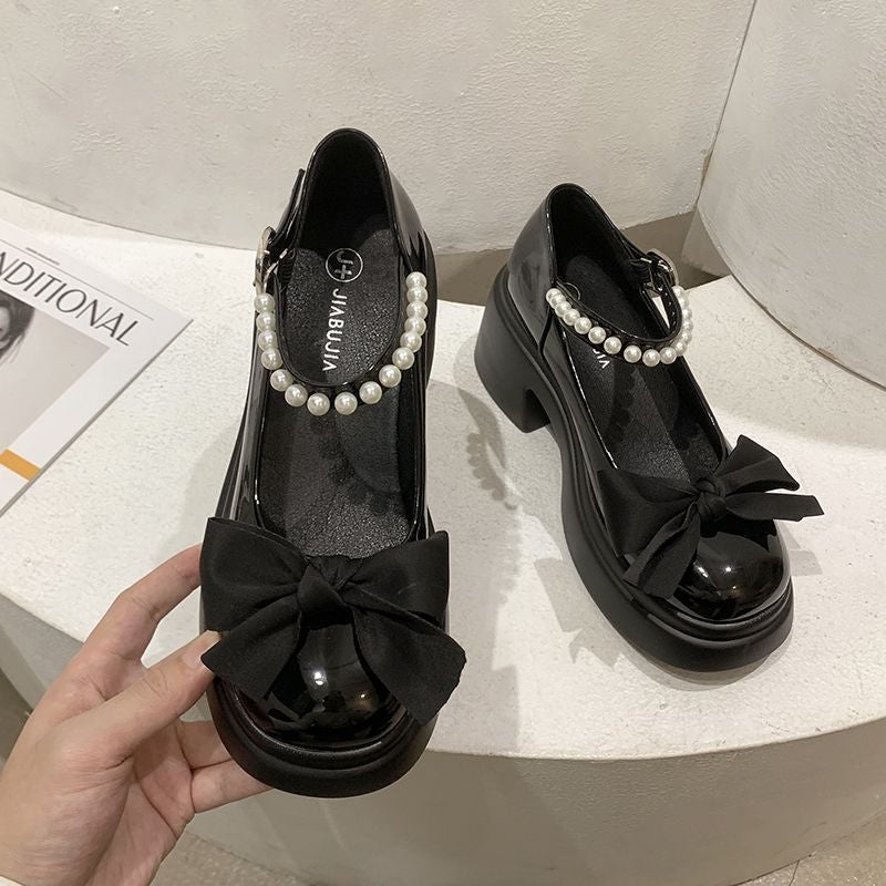 Mary Jane Shoes Womens 2025 Spring New Fashion All-match Sweet Bow Thick Bottom Thick Heel Pearl Leather Shoes Black - Image 1