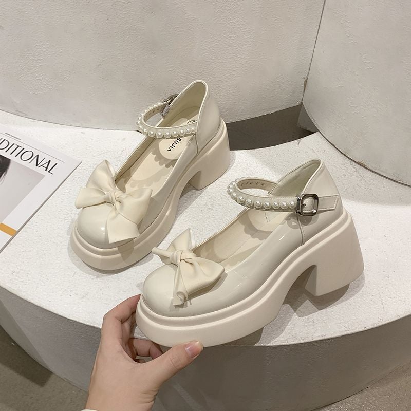 Mary Jane Shoes Womens 2025 Spring New Fashion All-match Sweet Bow Thick Bottom Thick Heel Pearl Leather Shoes Black - Image 2