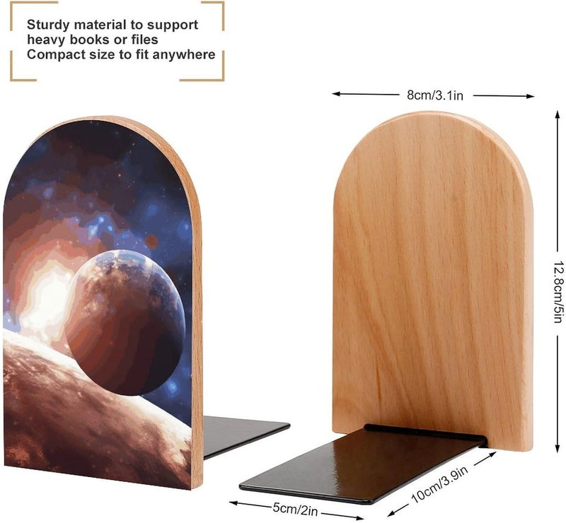 Planets in Space Background Bookends 1 Pair Solid Natural Wooden Book Ends, Duty Cute Book Stoppers, Decorative Book Holders for Home Office Desk Shelf, Perfect for Students, Book Lovers - Image 2