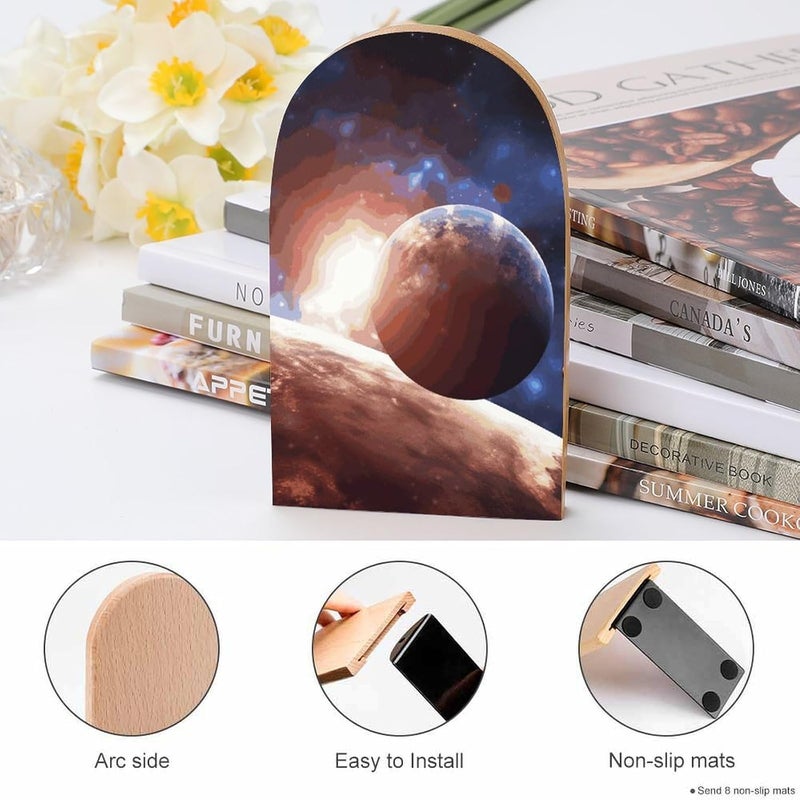 Planets in Space Background Bookends 1 Pair Solid Natural Wooden Book Ends, Duty Cute Book Stoppers, Decorative Book Holders for Home Office Desk Shelf, Perfect for Students, Book Lovers - Image 4