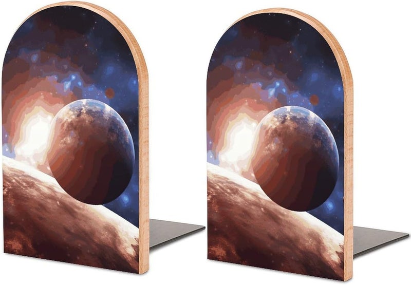 Planets in Space Background Bookends 1 Pair Solid Natural Wooden Book Ends, Duty Cute Book Stoppers, Decorative Book Holders for Home Office Desk Shelf, Perfect for Students, Book Lovers - Image 1