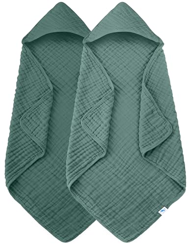SWEET DOLPHIN Muslin Hooded Baby Bath Towels 2 Pack 100 Cotton Towel for Babies Infants Toddlers 32x32Inch Highly Absorbent and Newborn Essential Deep Emerald - Image 1