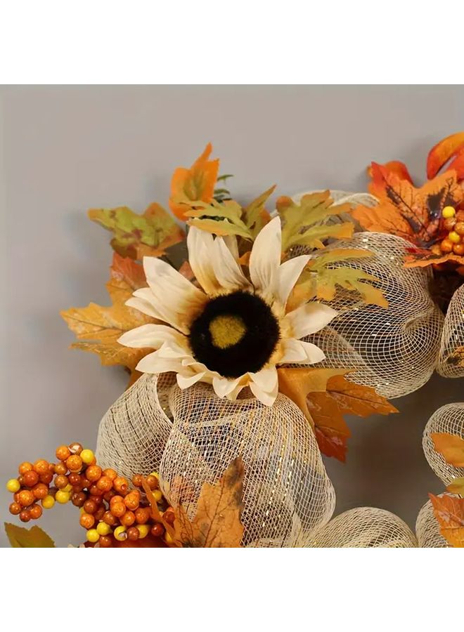 Contemporary 15.7 Inch Sunflower Berry PVC Wreath With Artificial Maple Leaves And Berries For Christmas Thanksgiving Wall Mount Decor 1 Piece - Image 4