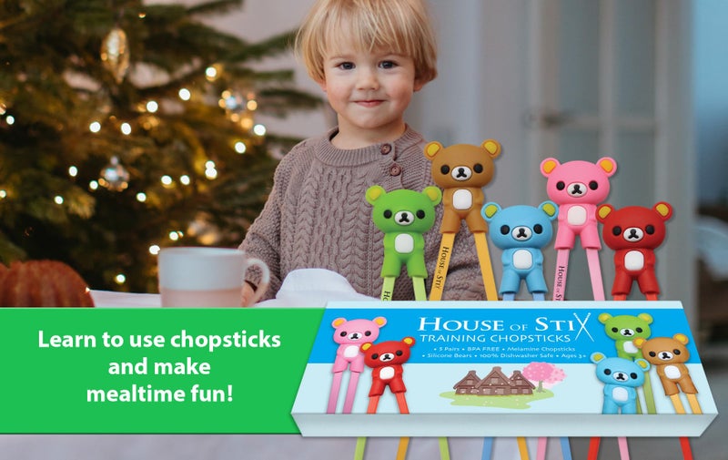 House of Stix Kids Training Chopsticks for Toddlers, Kids and Adults â€“ Removable Finger Helpers, Animal Design, BPA-Free, Dishwasher-Safe (Bears 5-Pack) - Image 2