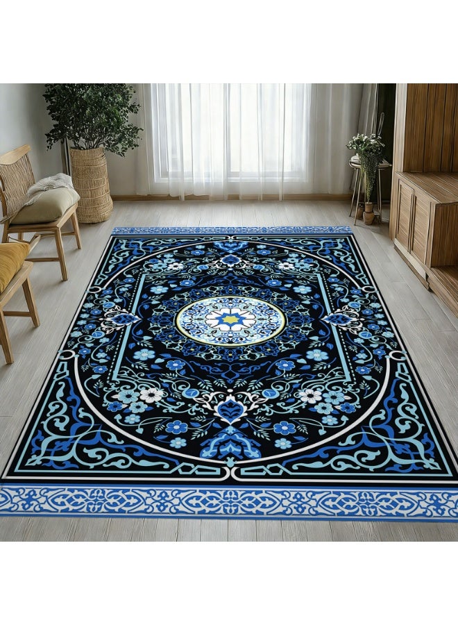 Traditional Persian Oriental Polyester Area Rug with Medallion Floral Design - Black and Blue - Image 3