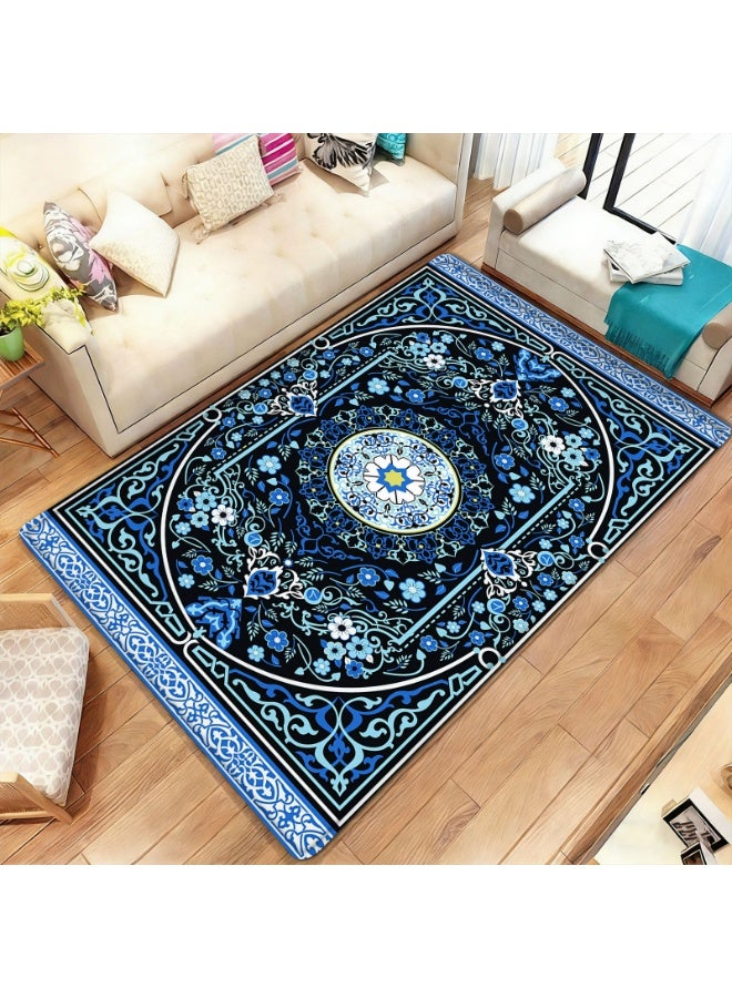 Traditional Persian Oriental Polyester Area Rug with Medallion Floral Design - Black and Blue - Image 2