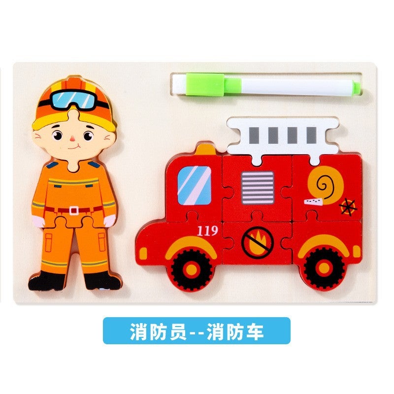 Wooden 3D Three-Dimensional Buckle Figure Three-Dimensional Jigsaw Puzzle Kindergarten Early Education Animal Digital Traffic Jigsaw Puzzle Toy - Image 1