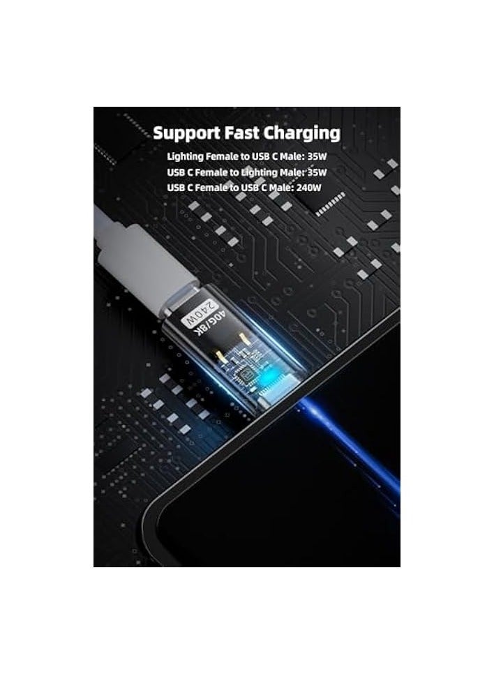 erorex 35W/480Mbps USB-C Male to Lightning Female Adapter, 240W/40Gbps USB Type C Male to Female Extender, 35W/480Mbps USB C Female to Lightning Male Converter (3 Pack, Transparent Black) - Image 3