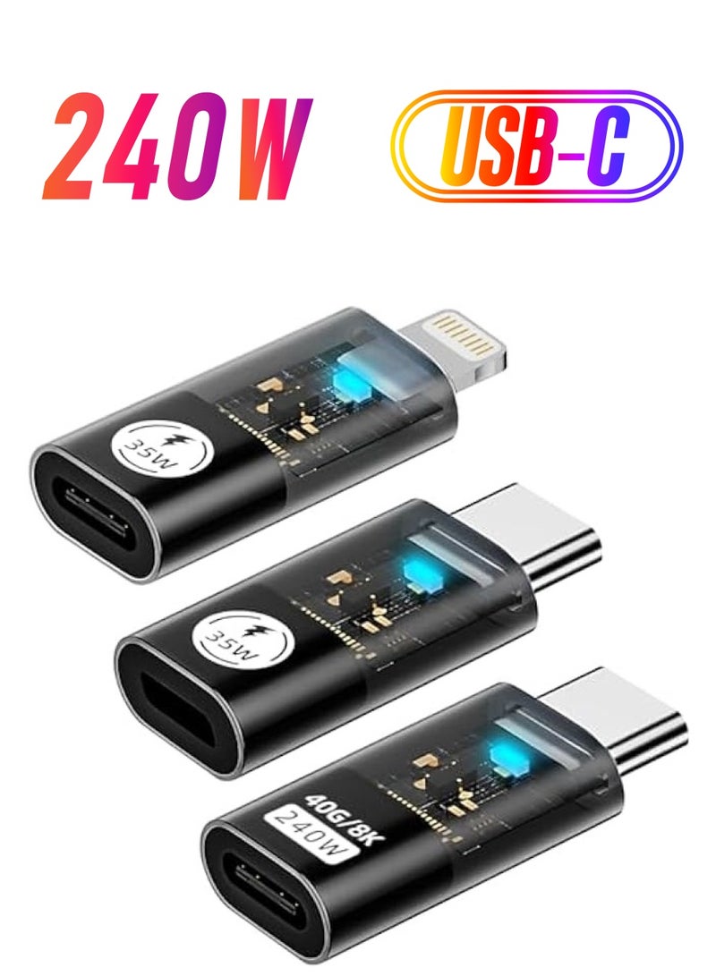 erorex 35W/480Mbps USB-C Male to Lightning Female Adapter, 240W/40Gbps USB Type C Male to Female Extender, 35W/480Mbps USB C Female to Lightning Male Converter (3 Pack, Transparent Black) - Image 1