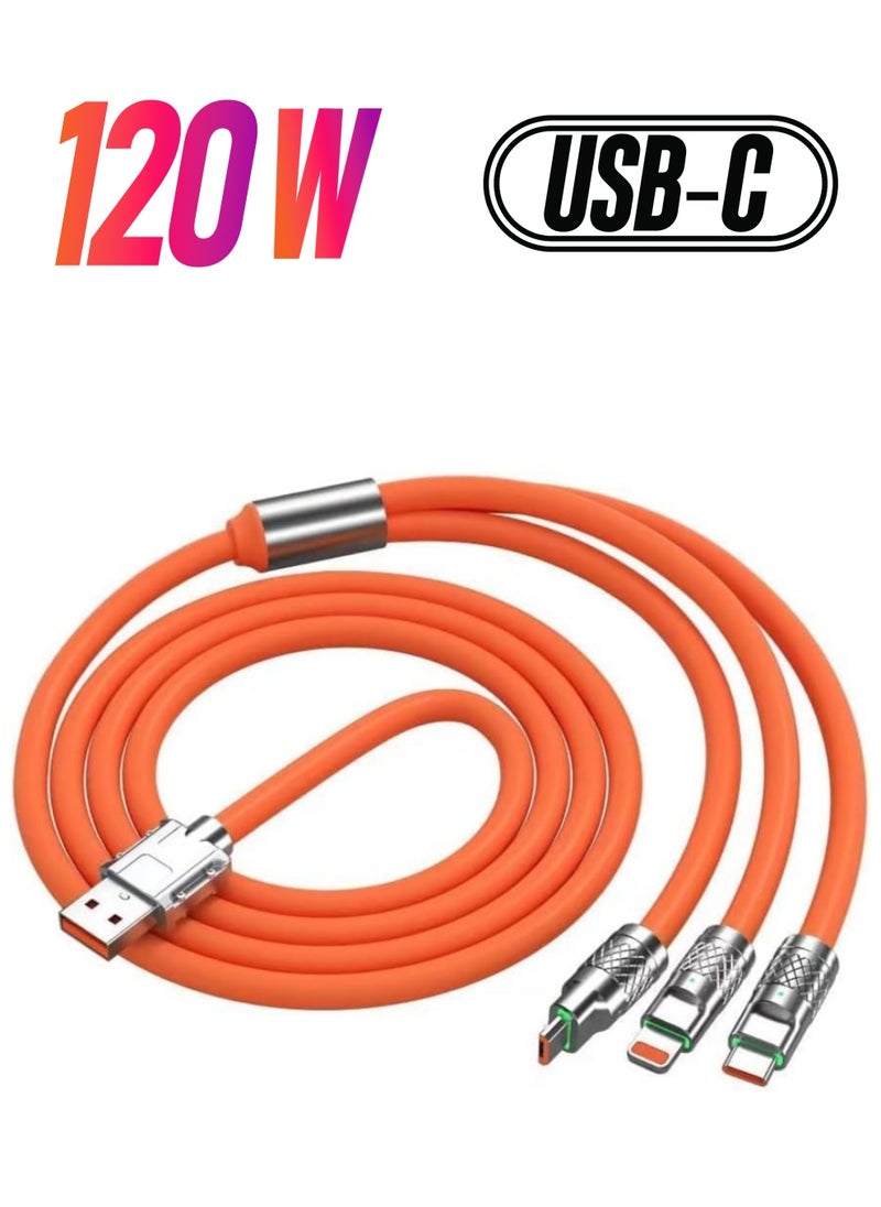 AMBERJACK 3-in-1 Metal USB Protection Charge Cable - Fast Charging & Data Transfer for Samsung, iPhone, Type-C, Micro, and USB 3 Devices - 120W Rapid Charging  - Image 1