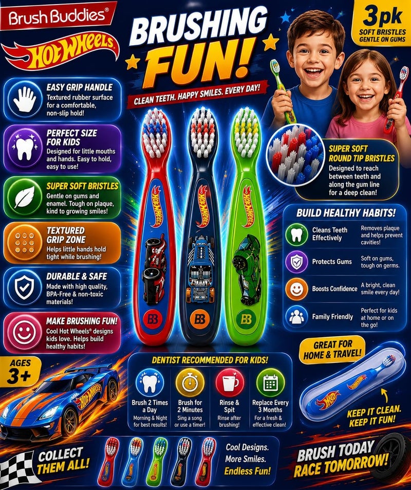 براش باديز فرشاة أسنان Hot Wheels للأطفال، فرشاة أسنان للرضع، فرشاة أسنان للأطفال، فرشاة أسنان بشعيرات ناعمة للأطفال، عبوة تحتوي على 3 قطع - Image 2