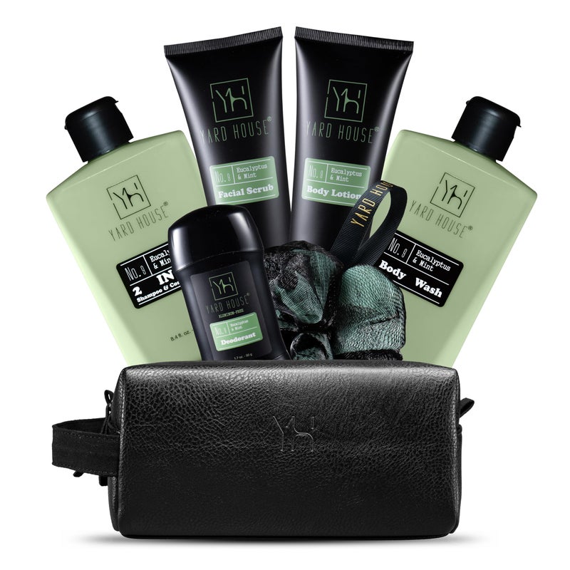 Yard House Mens Luxury Bath and Body Gift Set For Him - Skin Care Kit in Eucalyptus and Mint - Fathers Day Birthday Christmas Gifts Ideas For Men - 7Pcs Set w. Full Size Items in Leather Toiletry Bag - Image 1