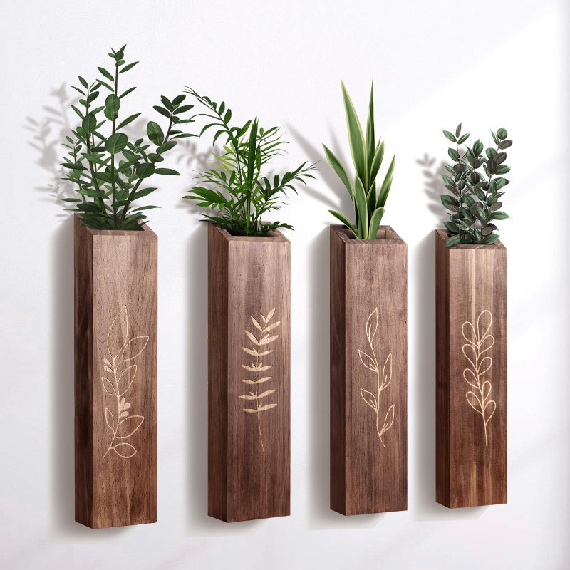 BOTOP 4 Pack Wood Indoor Wall Planter, Modern Boho Wall Decor for Living Room Bedroom, Farmhouse Pocket Vases for Dried Flowers and Faux Greenery Plants - Brown - Image 1