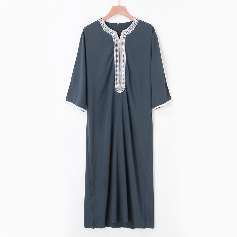 Men's Embroidered Ethnic Kurta Short Sleeve Navy Blue - Image 3