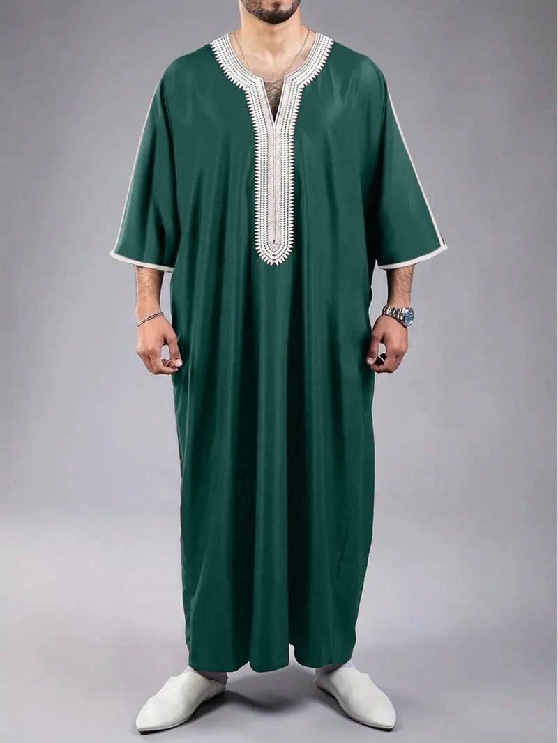 Men's Embroidered Ethnic Kurta Short Sleeve Navy Blue - Image 1