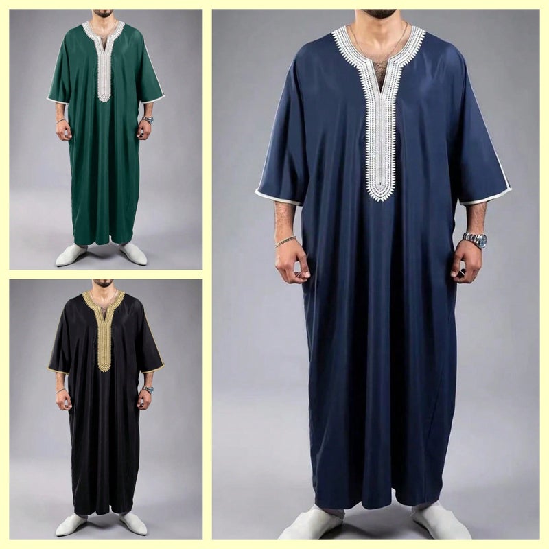 Men's Embroidered Ethnic Kurta Short Sleeve Navy Blue - Image 2