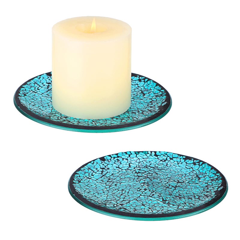OwnMy 2PCS Mosaic Glass Candle Plates and Trays 6 Inch Pillar Candle Holders Plates, Glass Mosaic Candle Coasters Decorative Pillar Candle Stands Candle Bases for Wedding Table Centerpiececs, Blue - Image 1