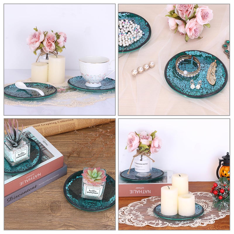 OwnMy 2PCS Mosaic Glass Candle Plates and Trays 6 Inch Pillar Candle Holders Plates, Glass Mosaic Candle Coasters Decorative Pillar Candle Stands Candle Bases for Wedding Table Centerpiececs, Blue - Image 5