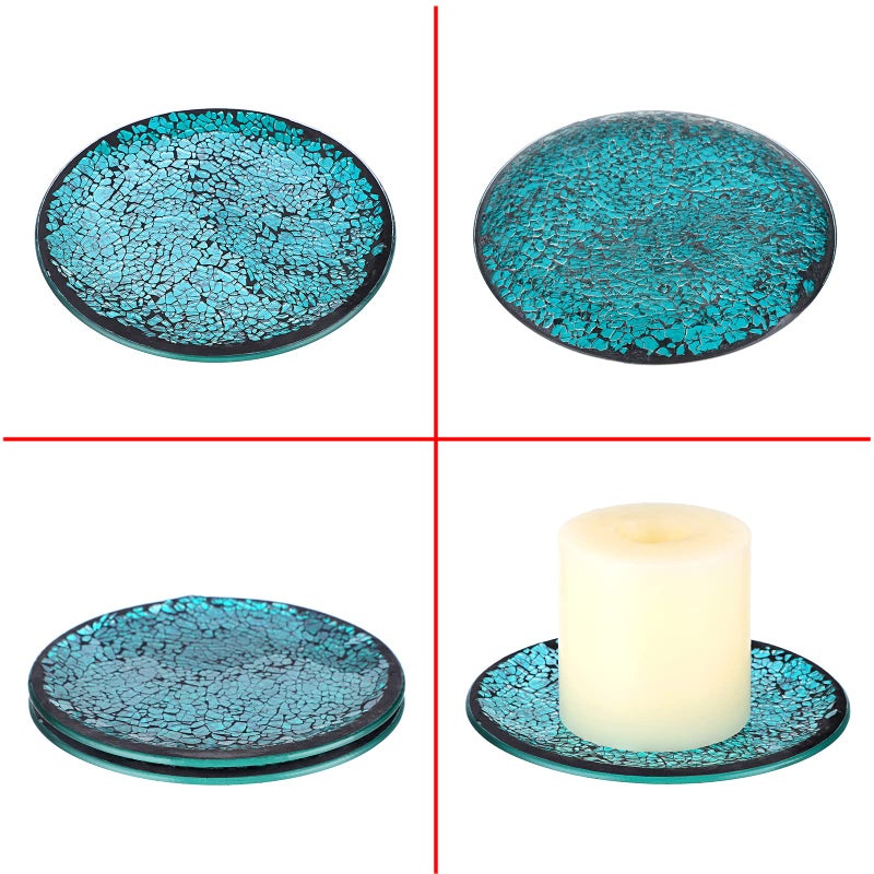 OwnMy 2PCS Mosaic Glass Candle Plates and Trays 6 Inch Pillar Candle Holders Plates, Glass Mosaic Candle Coasters Decorative Pillar Candle Stands Candle Bases for Wedding Table Centerpiececs, Blue - Image 4