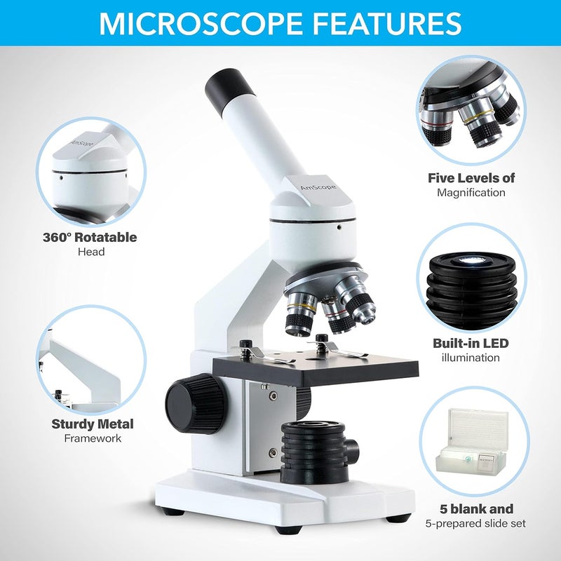 AmScope - M102C-PB10 40X-1000X Biological Compound Microscope with Prepared and Blank Slides for Student and Kids - Image 2