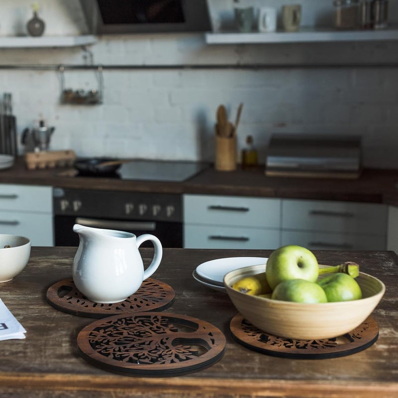 Beeveer 3 Pcs Life Tree Wooden Trivets for Hot Dishes 8 Rustic Round Tree Trivet Set Hot Plate Holders Heat Resistant Farmhouse Trivet for Kitchen Dining TableBrown - Image 3