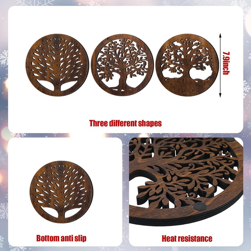 Beeveer 3 Pcs Life Tree Wooden Trivets for Hot Dishes 8 Rustic Round Tree Trivet Set Hot Plate Holders Heat Resistant Farmhouse Trivet for Kitchen Dining TableBrown - Image 5