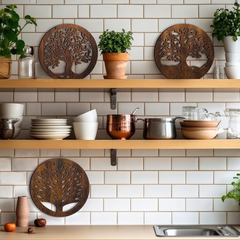 Beeveer 3 Pcs Life Tree Wooden Trivets for Hot Dishes 8 Rustic Round Tree Trivet Set Hot Plate Holders Heat Resistant Farmhouse Trivet for Kitchen Dining TableBrown - Image 4