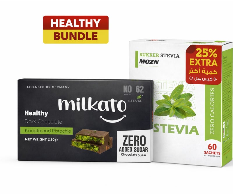 Milkato Healthy Dark Chocolate Bar Konafa and Pistachio Zero Sugar 160 gm & Mozn Stevia Sugar, 2 spoons, 25% increase offer, 60 sachets instead of 48. Bundle - Image 1