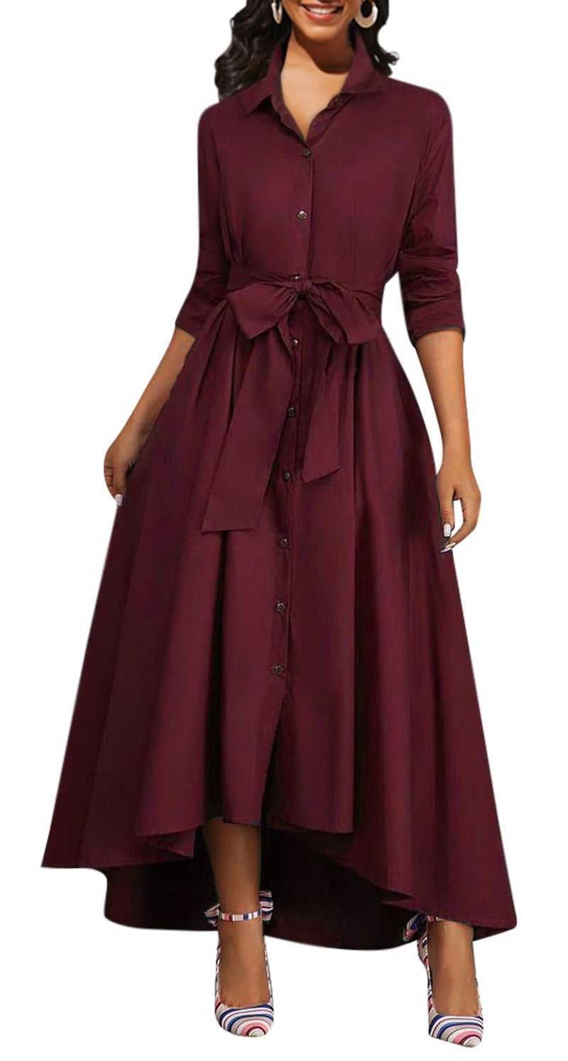 BestGirl Casual High Low Dress for Women Button Down T-Shirt V Neck Loose Long Dress with Belts - Image 1