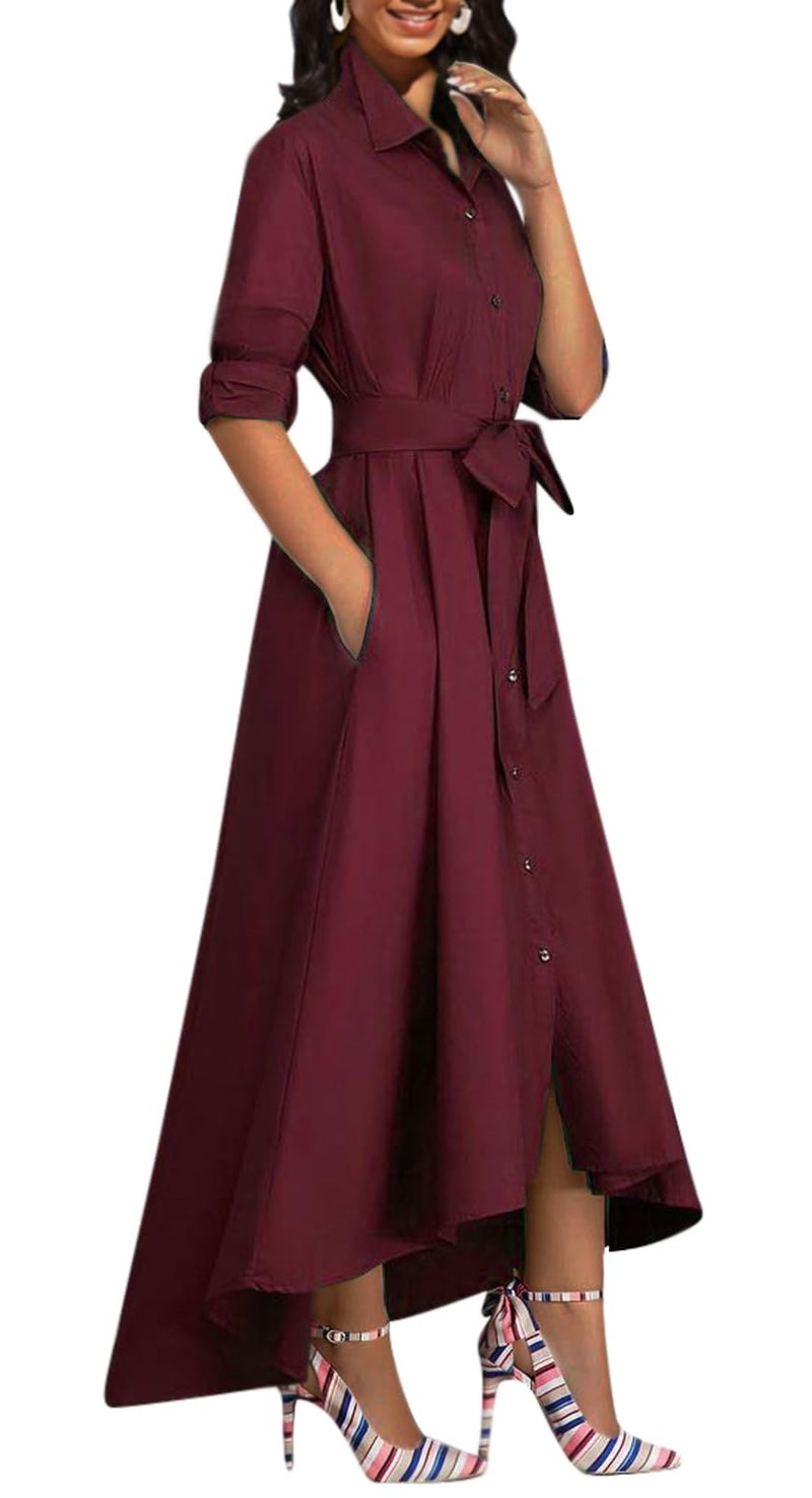 BestGirl Casual High Low Dress for Women Button Down T-Shirt V Neck Loose Long Dress with Belts - Image 2