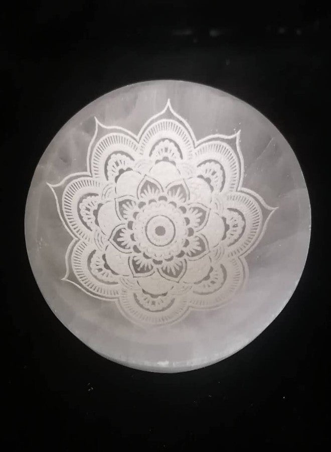 JIC Gem Etched Selenite Bowl Moroccan Selenite Healing Crystal Charging Plate Round Engraved Mandala 4 Inch - Image 2