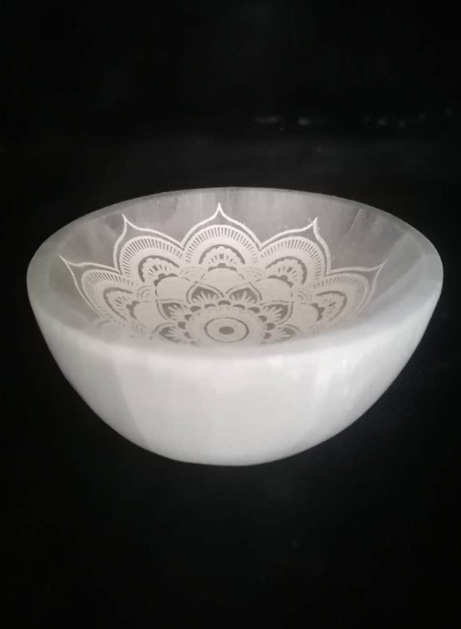 JIC Gem Etched Selenite Bowl Moroccan Selenite Healing Crystal Charging Plate Round Engraved Mandala 4 Inch - Image 5