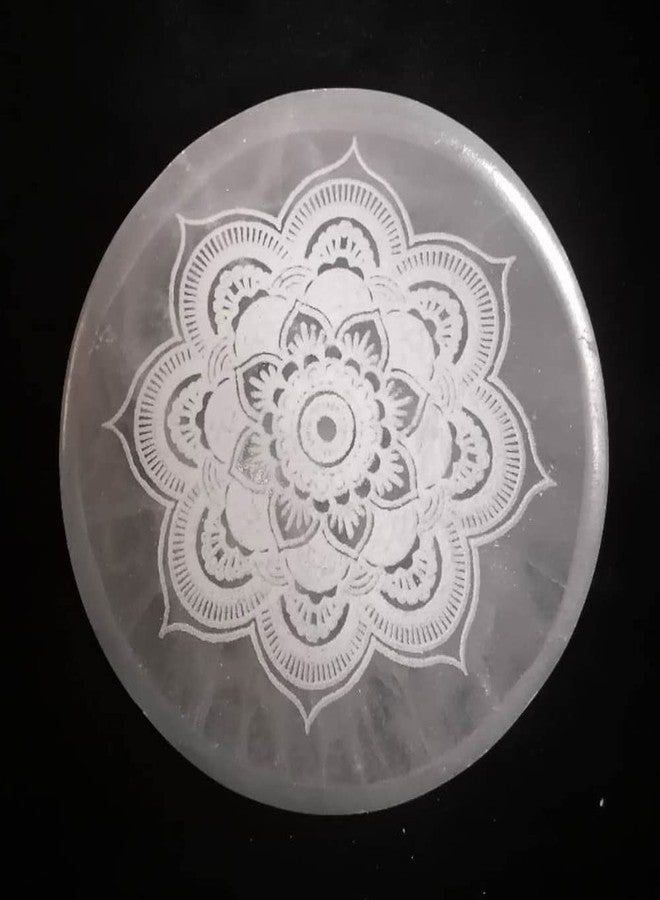 JIC Gem Etched Selenite Bowl Moroccan Selenite Healing Crystal Charging Plate Round Engraved Mandala 4 Inch - Image 4