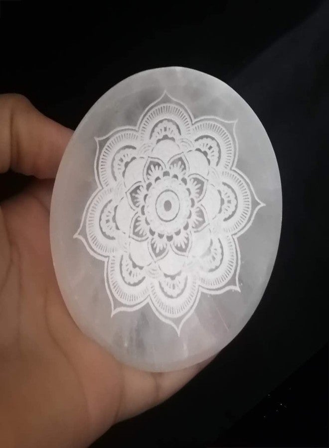 JIC Gem Etched Selenite Bowl Moroccan Selenite Healing Crystal Charging Plate Round Engraved Mandala 4 Inch - Image 3