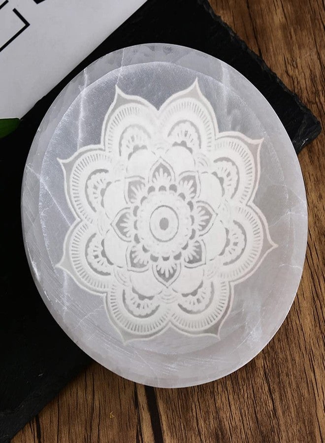 JIC Gem Etched Selenite Bowl Moroccan Selenite Healing Crystal Charging Plate Round Engraved Mandala 4 Inch - Image 1