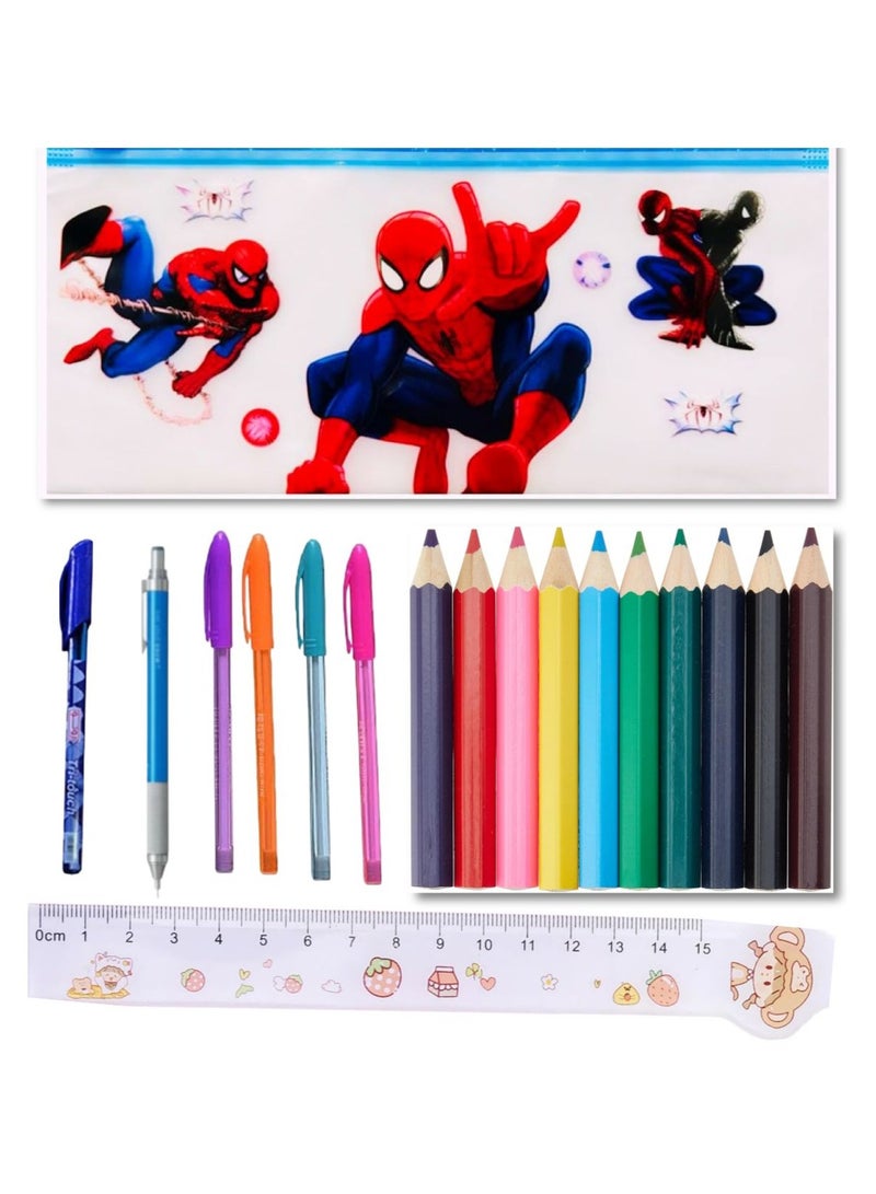 مجموعة أدوات مدرسية مكونة من 20 قطعة  ( مقلمة بسوستة + 4 الوان فسفوري + 12 الوان خشب + قلم سنون +  + قلم جاف + مسطرة 15 سم) - Image 1