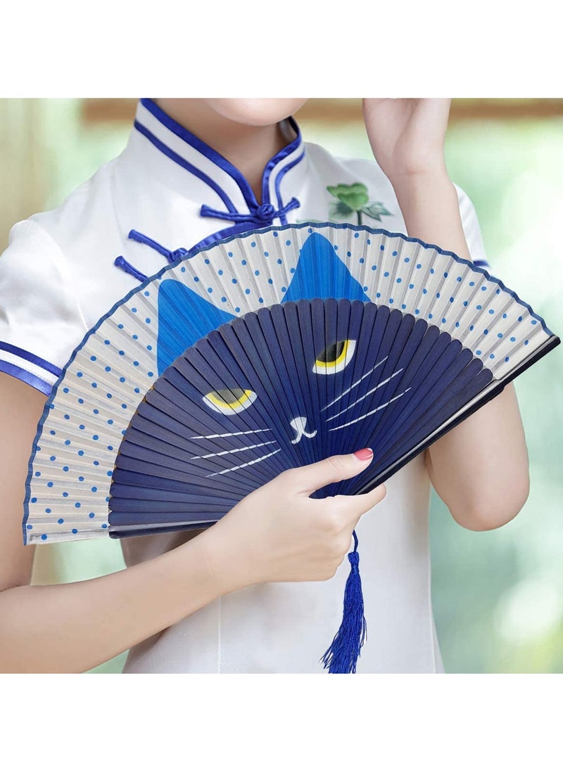 KASTWAVE Folding Fan Handheld Fans Cat Cartoon Kung Fu Fan Elegant Chinese Japanese Style for Women Men Silk Folding Fans with Bamboo Frames for Dancing Cosplay Wedding Party Props Decoration (Blue)  - Image 1