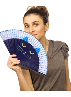 KASTWAVE Folding Fan Handheld Fans Cat Cartoon Kung Fu Fan Elegant Chinese Japanese Style for Women Men Silk Folding Fans with Bamboo Frames for Dancing Cosplay Wedding Party Props Decoration (Blue)  - Image 3