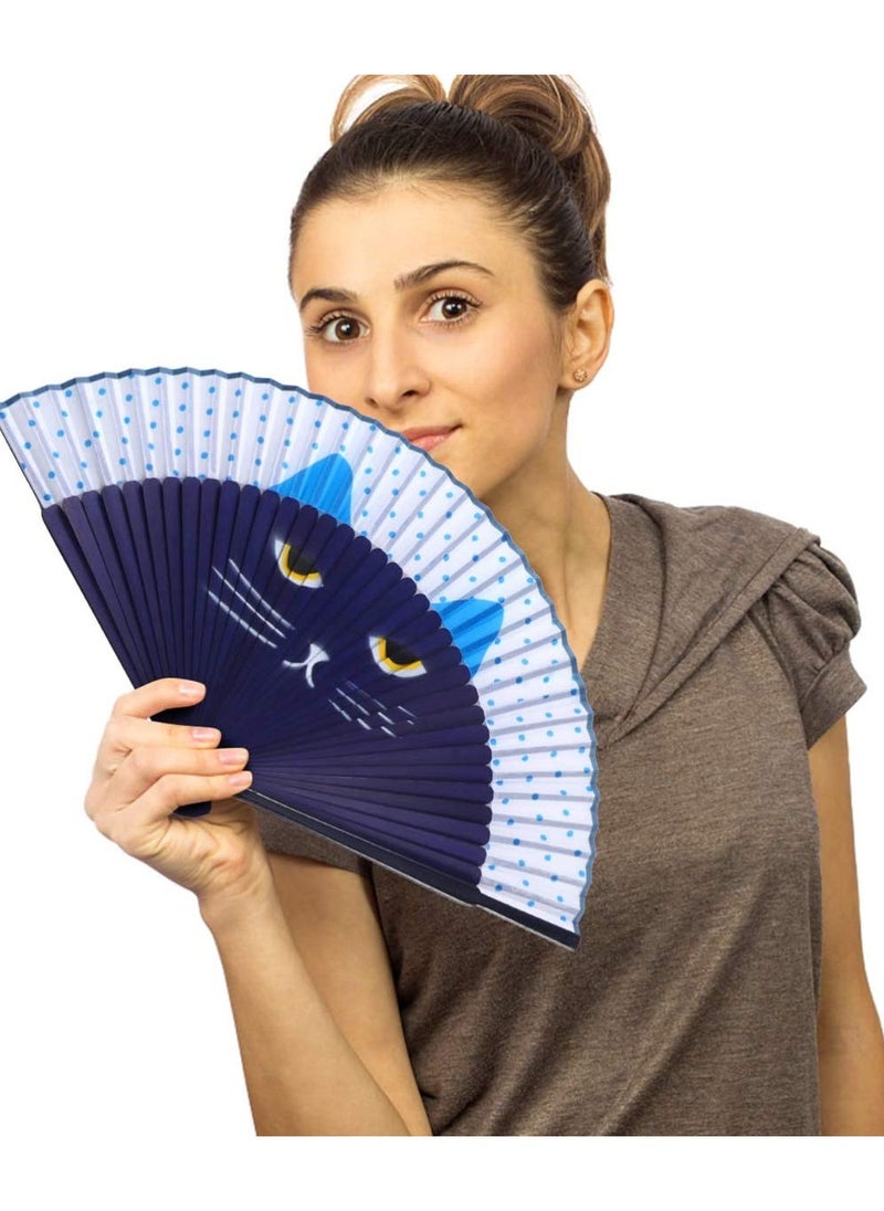 KASTWAVE Folding Fan Handheld Fans Cat Cartoon Kung Fu Fan Elegant Chinese Japanese Style for Women Men Silk Folding Fans with Bamboo Frames for Dancing Cosplay Wedding Party Props Decoration (Blue)  - Image 3
