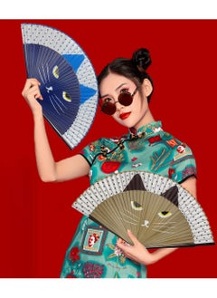 KASTWAVE Folding Fan Handheld Fans Cat Cartoon Kung Fu Fan Elegant Chinese Japanese Style for Women Men Silk Folding Fans with Bamboo Frames for Dancing Cosplay Wedding Party Props Decoration (Blue)  - Image 5