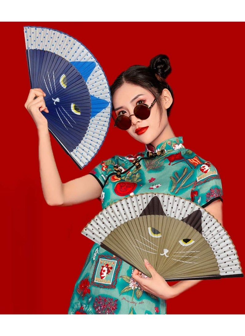 KASTWAVE Folding Fan Handheld Fans Cat Cartoon Kung Fu Fan Elegant Chinese Japanese Style for Women Men Silk Folding Fans with Bamboo Frames for Dancing Cosplay Wedding Party Props Decoration (Blue)  - Image 5