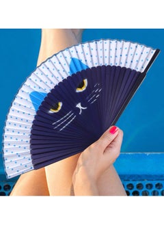 KASTWAVE Folding Fan Handheld Fans Cat Cartoon Kung Fu Fan Elegant Chinese Japanese Style for Women Men Silk Folding Fans with Bamboo Frames for Dancing Cosplay Wedding Party Props Decoration (Blue)  - Image 4