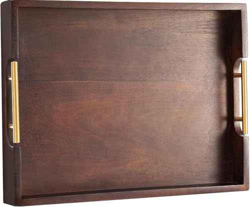 Joy&Grace Ottoman Tray for Living Room, Large Acacia Wooden Serving Tray with Handles for Coffee Table, Breakfast in Bed, Food Dinner, Decorative Tray (Sleek Brown, 16.7" x 12.8" x 2") - Image 1