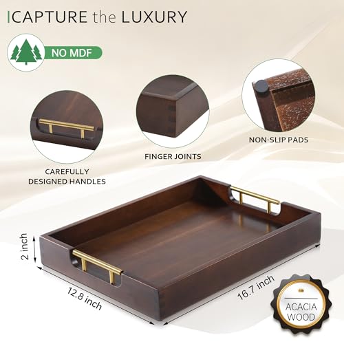 Joy&Grace Ottoman Tray for Living Room, Large Acacia Wooden Serving Tray with Handles for Coffee Table, Breakfast in Bed, Food Dinner, Decorative Tray (Sleek Brown, 16.7" x 12.8" x 2") - Image 2