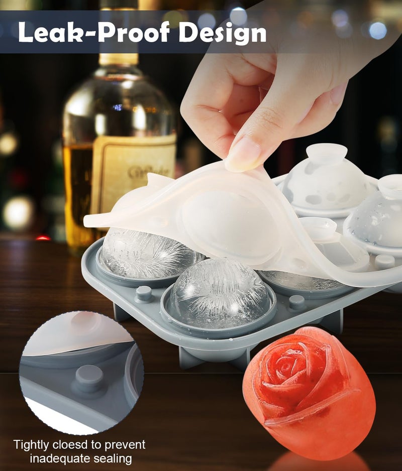 AMFOCUS 2Pack Silicone Square and Round Ice Cube Trays for Freezer - Sphere, Rose, Diamond Ice Molds for Whiskey, Cocktails & DIY, Gray - Image 5