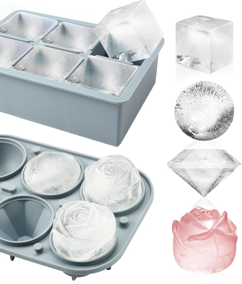 AMFOCUS 2Pack Silicone Square and Round Ice Cube Trays for Freezer - Sphere, Rose, Diamond Ice Molds for Whiskey, Cocktails & DIY, Gray - Image 1