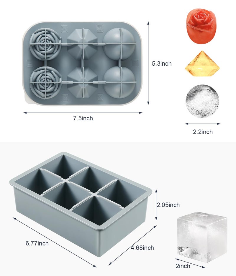 AMFOCUS 2Pack Silicone Square and Round Ice Cube Trays for Freezer - Sphere, Rose, Diamond Ice Molds for Whiskey, Cocktails & DIY, Gray - Image 3