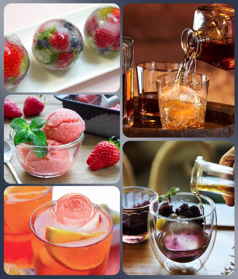 AMFOCUS 2Pack Silicone Square and Round Ice Cube Trays for Freezer - Sphere, Rose, Diamond Ice Molds for Whiskey, Cocktails & DIY, Gray - Image 4