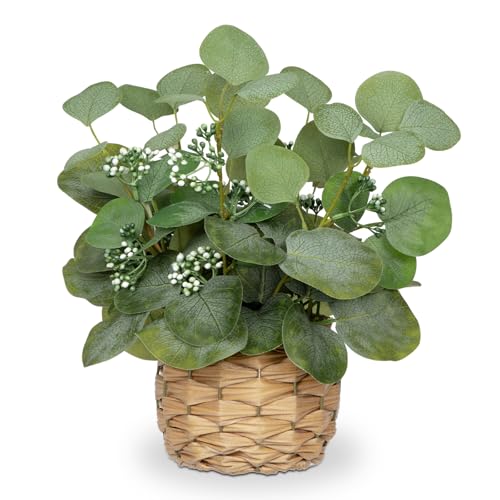 DILATATA Artificial Eucalyptus Stems in Woven Basket Planter 12 Fake Plant Eucalyptus Leaves with Green Seeds Faux Potted Plant Greenery for Table Centerpiece Office Indoor Home Decor - Image 1